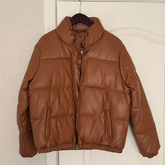 Windsor Brown Faux Leather Puffer Jacket Women’s Size L | NWT - Picture 3 of 5